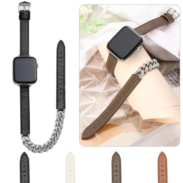For Apple Watch 46mm / 49mm / 45mm / 44mm Diamond Encrusted Bracelet Genuine Leather Watch Band