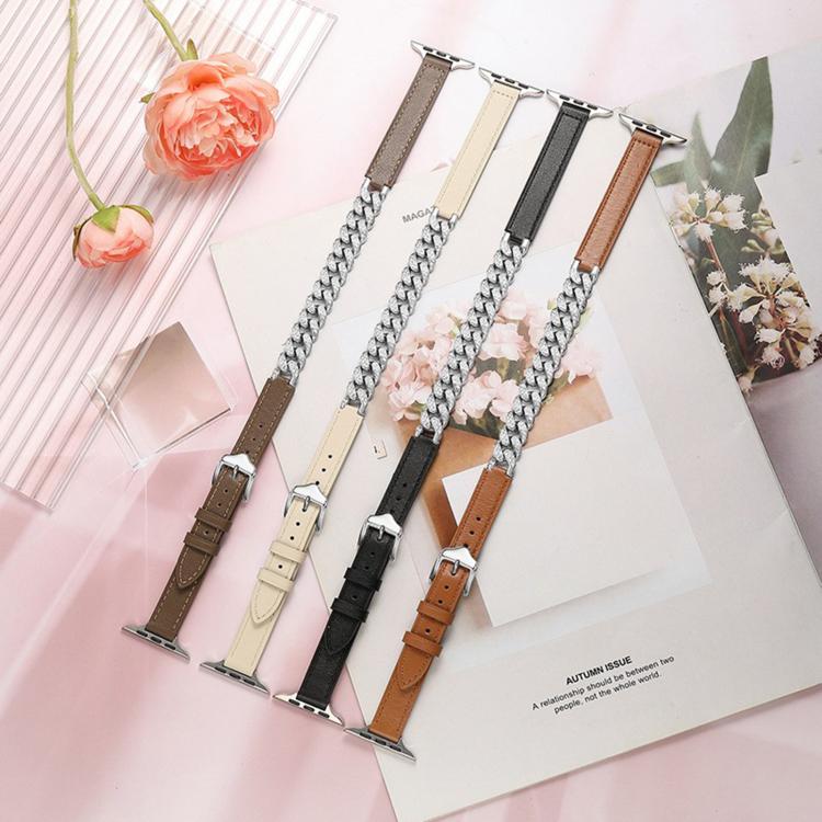 For Apple Watch 46mm / 49mm / 45mm / 44mm Diamond Encrusted Bracelet Genuine Leather Watch Band