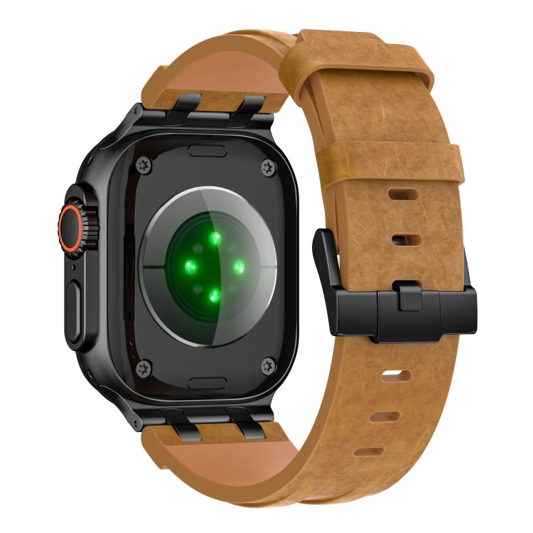 For Apple Watch 46mm / 49mm / 45mm / 44mm Crazy Horse Vegan Leather Stainless Steel Black Buckle Watch Band