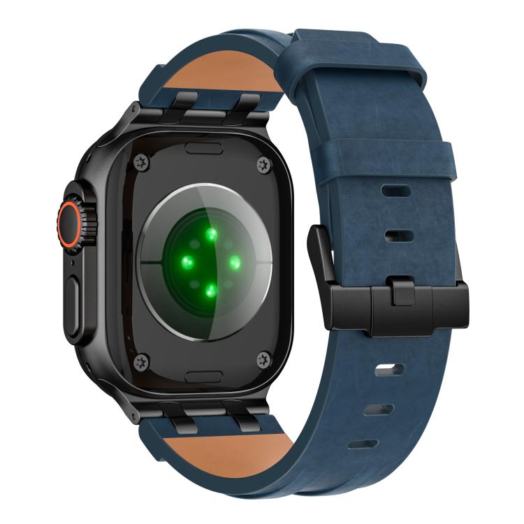 For Apple Watch 46mm / 49mm / 45mm / 44mm Crazy Horse Vegan Leather Stainless Steel Black Buckle Watch Band