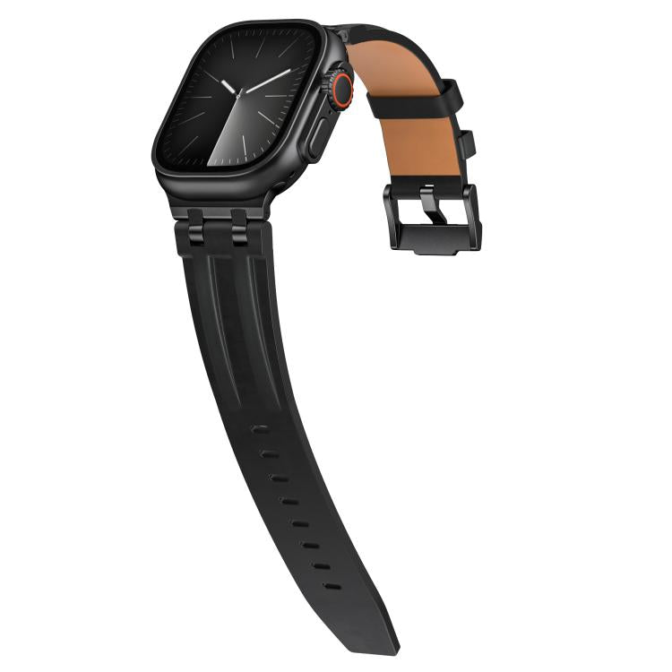 For Apple Watch 46mm / 49mm / 45mm / 44mm Crazy Horse Vegan Leather Stainless Steel Black Buckle Watch Band