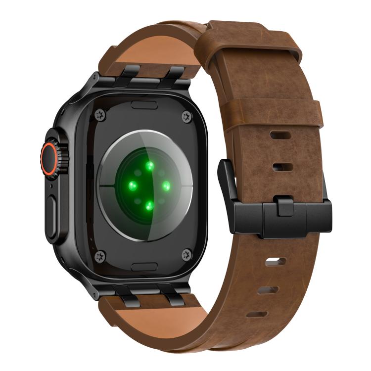 For Apple Watch 46mm / 49mm / 45mm / 44mm Crazy Horse Vegan Leather Stainless Steel Black Buckle Watch Band