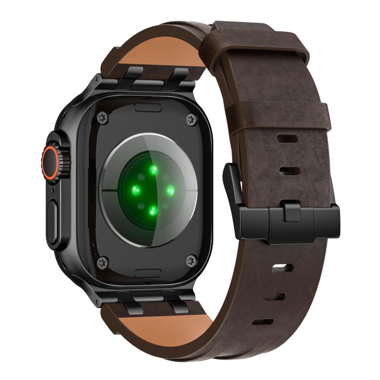 For Apple Watch 46mm / 49mm / 45mm / 44mm Crazy Horse Vegan Leather Stainless Steel Black Buckle Watch Band