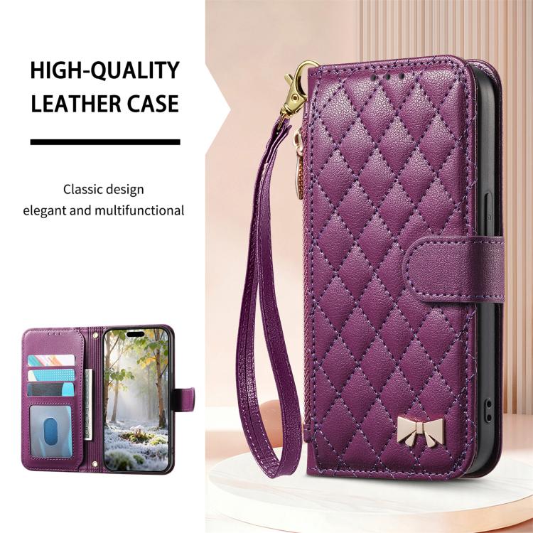 For iPhone 15 Rhombic Texture Zipper Wallet Metal Bow-knot Vegan Leather Phone Case with Strap