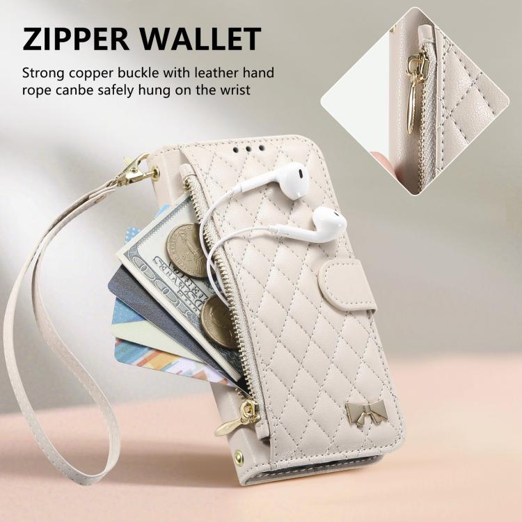 For iPhone 15 Rhombic Texture Zipper Wallet Metal Bow-knot Vegan Leather Phone Case with Strap