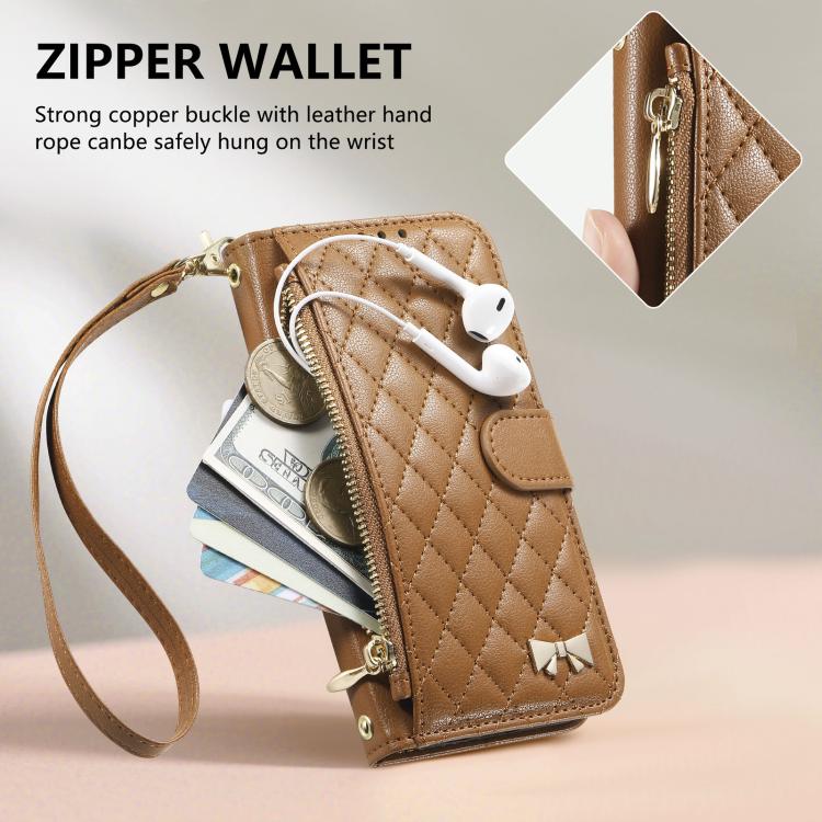 For iPhone 15 Plus Rhombic Texture Zipper Wallet Metal Bow-knot Vegan Leather Phone Case with Strap