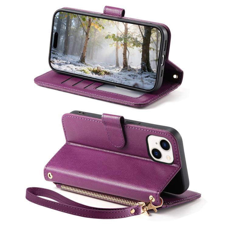For iPhone 15 Plus Rhombic Texture Zipper Wallet Metal Bow-knot Vegan Leather Phone Case with Strap