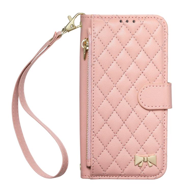 For iPhone 15 Plus Rhombic Texture Zipper Wallet Metal Bow-knot Vegan Leather Phone Case with Strap