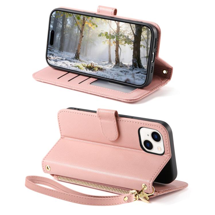For iPhone 15 Plus Rhombic Texture Zipper Wallet Metal Bow-knot Vegan Leather Phone Case with Strap