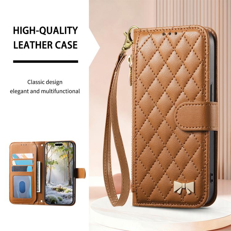For iPhone 15 Pro Max Rhombic Texture Zipper Wallet Metal Bow-knot Vegan Leather Phone Case with Strap
