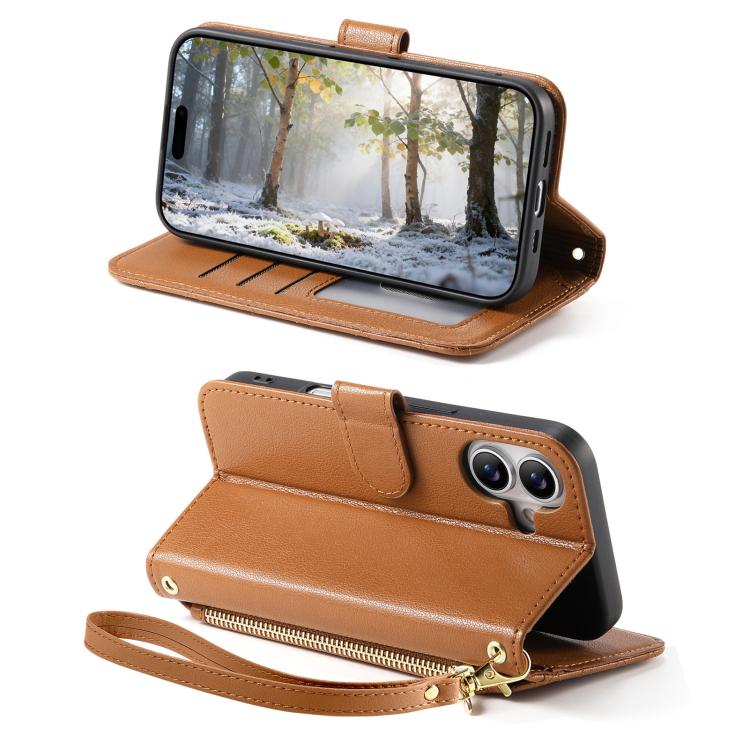 For iPhone 16 Rhombic Texture Zipper Wallet Metal Bow-knot Vegan Leather Phone Case with Strap