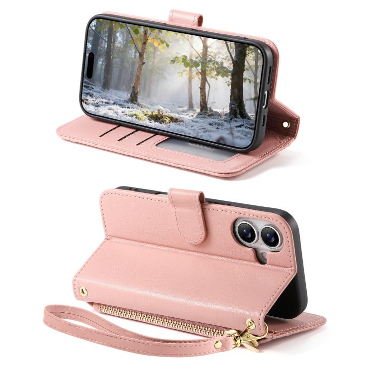 For iPhone 16 Rhombic Texture Zipper Wallet Metal Bow-knot Vegan Leather Phone Case with Strap