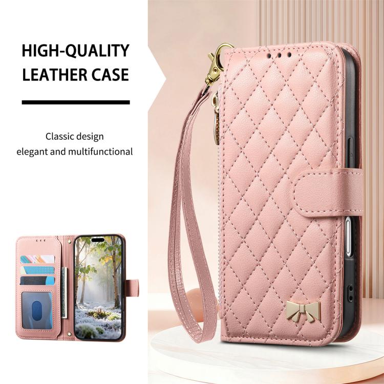 For iPhone 16 Rhombic Texture Zipper Wallet Metal Bow-knot Vegan Leather Phone Case with Strap