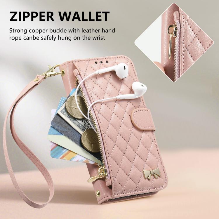 For iPhone 16 Rhombic Texture Zipper Wallet Metal Bow-knot Vegan Leather Phone Case with Strap