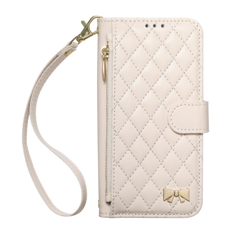 For iPhone 16 Rhombic Texture Zipper Wallet Metal Bow-knot Vegan Leather Phone Case with Strap