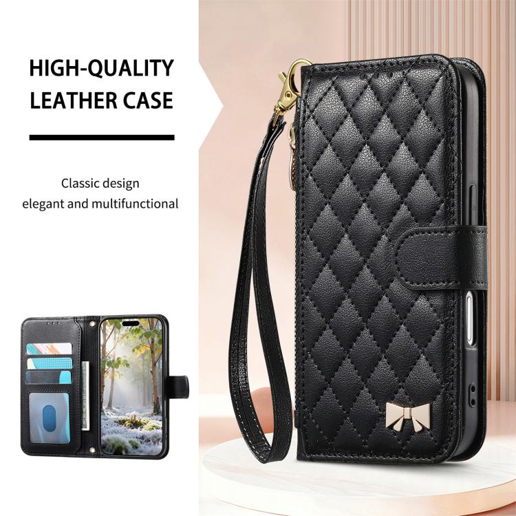 For iPhone 16 Rhombic Texture Zipper Wallet Metal Bow-knot Vegan Leather Phone Case with Strap
