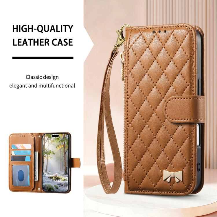 For iPhone 16 Plus Rhombic Texture Zipper Wallet Metal Bow-knot Vegan Leather Phone Case with Strap