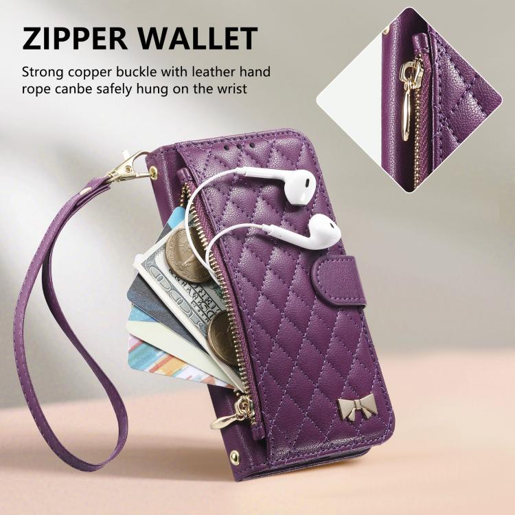 For iPhone 16 Plus Rhombic Texture Zipper Wallet Metal Bow-knot Vegan Leather Phone Case with Strap