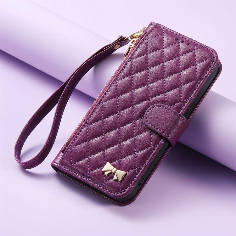 For iPhone 16 Plus Rhombic Texture Zipper Wallet Metal Bow-knot Vegan Leather Phone Case with Strap
