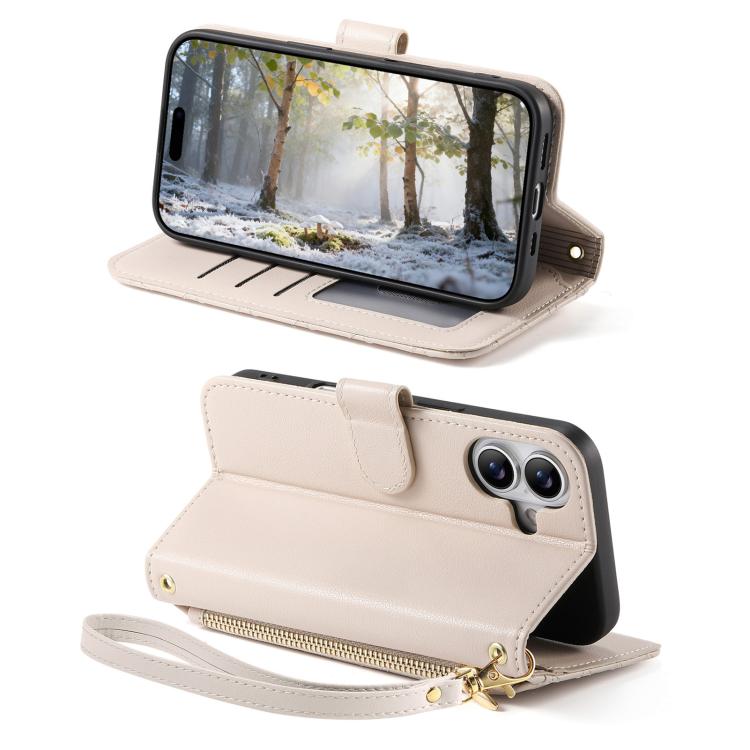 For iPhone 16 Plus Rhombic Texture Zipper Wallet Metal Bow-knot Vegan Leather Phone Case with Strap