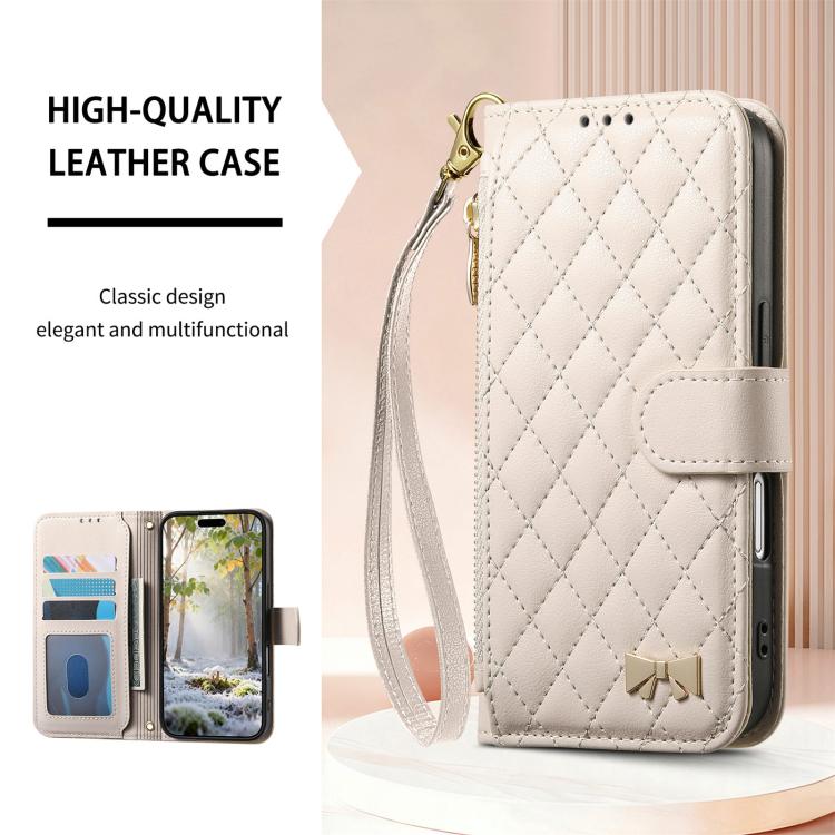 For iPhone 16 Plus Rhombic Texture Zipper Wallet Metal Bow-knot Vegan Leather Phone Case with Strap