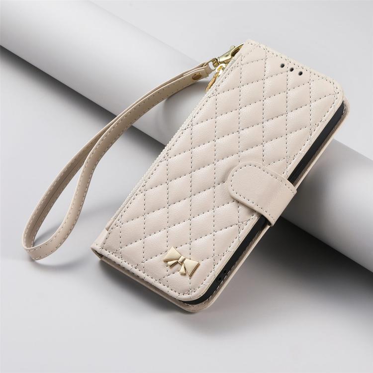 For iPhone 16 Plus Rhombic Texture Zipper Wallet Metal Bow-knot Vegan Leather Phone Case with Strap