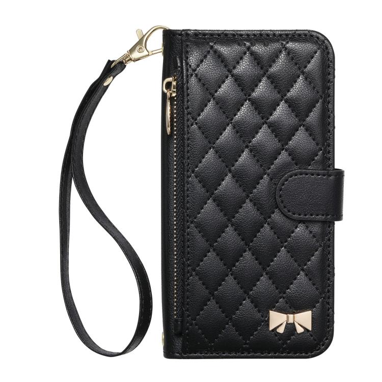 For iPhone 16 Plus Rhombic Texture Zipper Wallet Metal Bow-knot Vegan Leather Phone Case with Strap