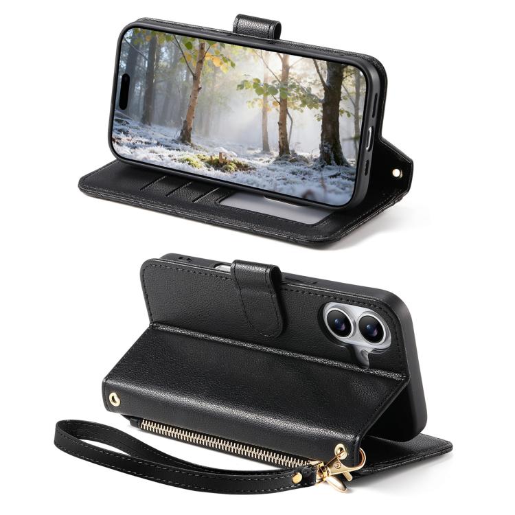 For iPhone 16 Plus Rhombic Texture Zipper Wallet Metal Bow-knot Vegan Leather Phone Case with Strap