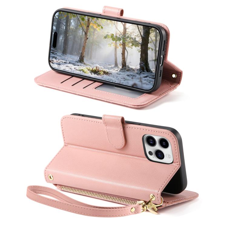 For iPhone 16 Pro Rhombic Texture Zipper Wallet Metal Bow-knot Vegan Leather Phone Case with Strap