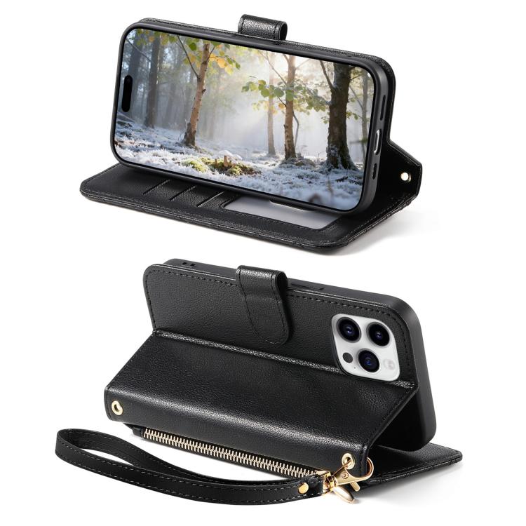 For iPhone 16 Pro Rhombic Texture Zipper Wallet Metal Bow-knot Vegan Leather Phone Case with Strap