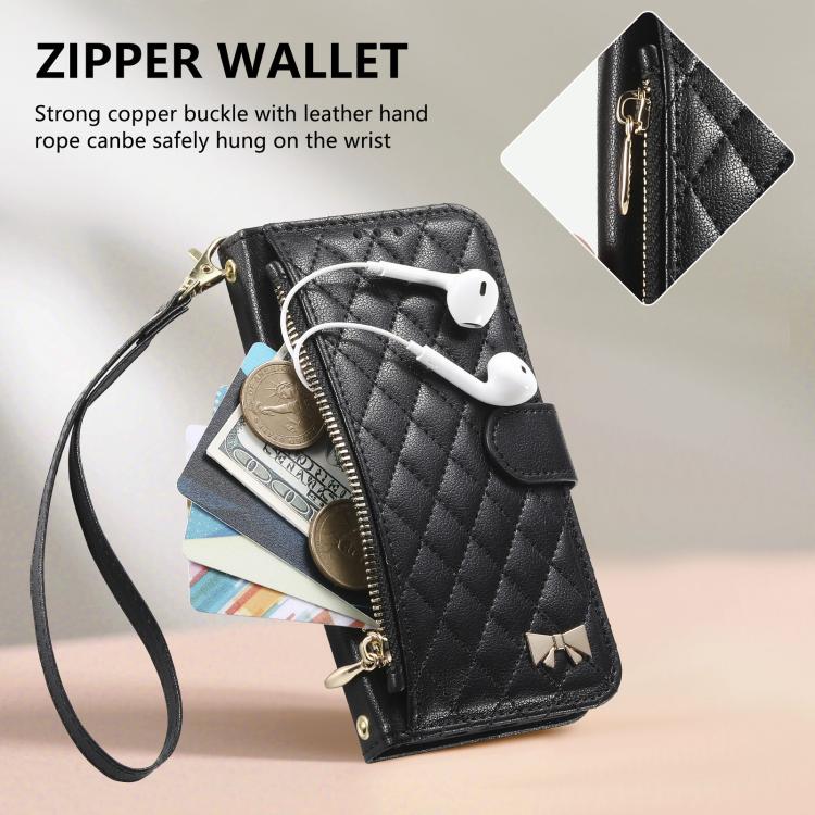For iPhone 16 Pro Rhombic Texture Zipper Wallet Metal Bow-knot Vegan Leather Phone Case with Strap