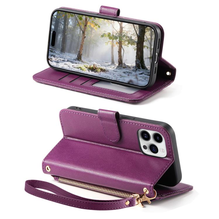 For  iPhone 16 Pro Max Rhombic Texture Zipper Wallet Metal Bow-knot Vegan Leather Phone Case with Strap
