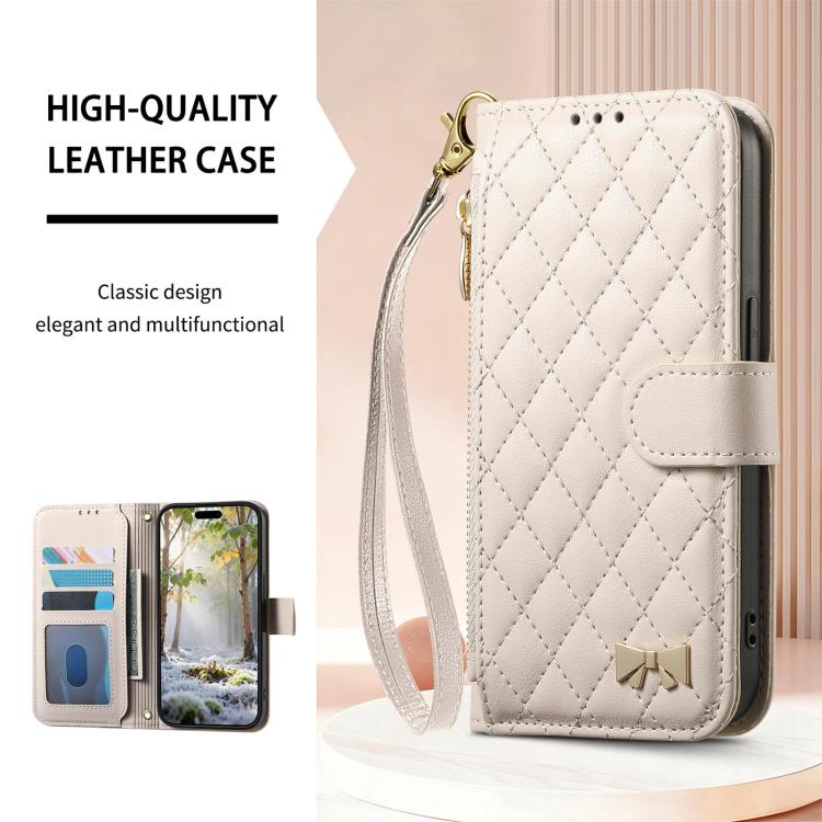 For  iPhone 16 Pro Max Rhombic Texture Zipper Wallet Metal Bow-knot Vegan Leather Phone Case with Strap
