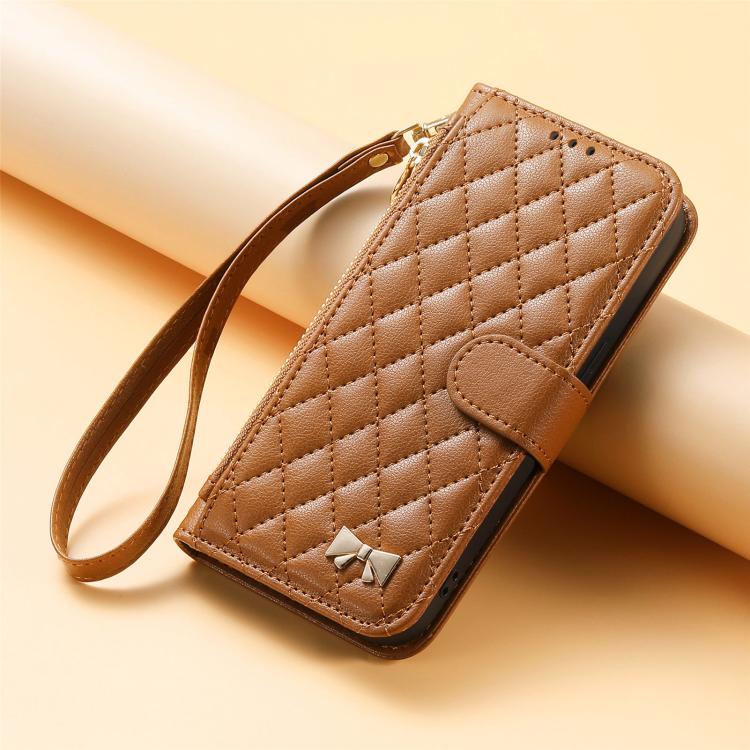 For iPhone 17 Rhombic Texture Zipper Wallet Metal Bow-knot Vegan Leather Phone Case with Strap