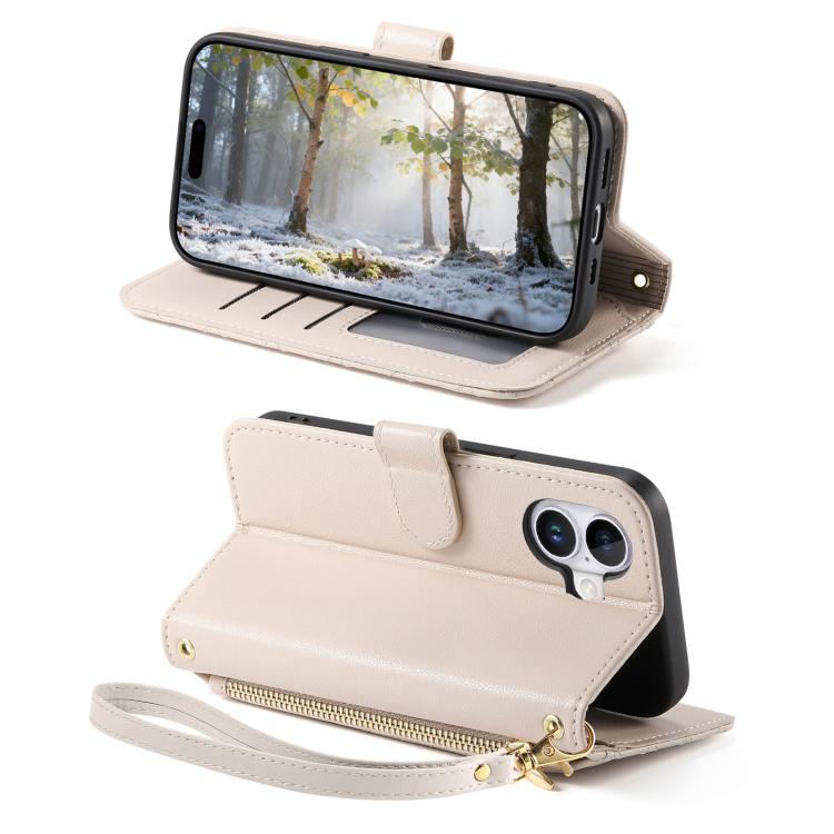 For iPhone 17 Rhombic Texture Zipper Wallet Metal Bow-knot Vegan Leather Phone Case with Strap