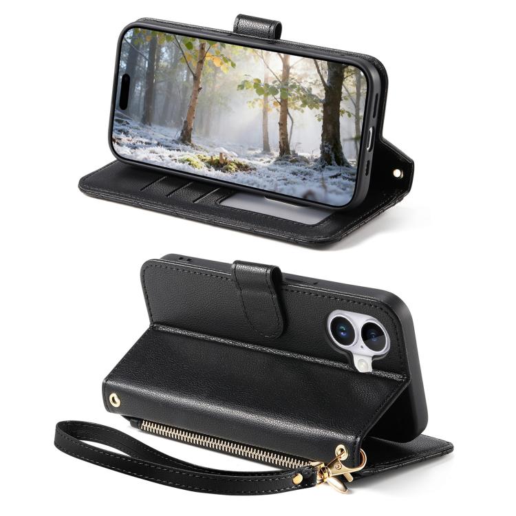 For iPhone 17 Rhombic Texture Zipper Wallet Metal Bow-knot Vegan Leather Phone Case with Strap