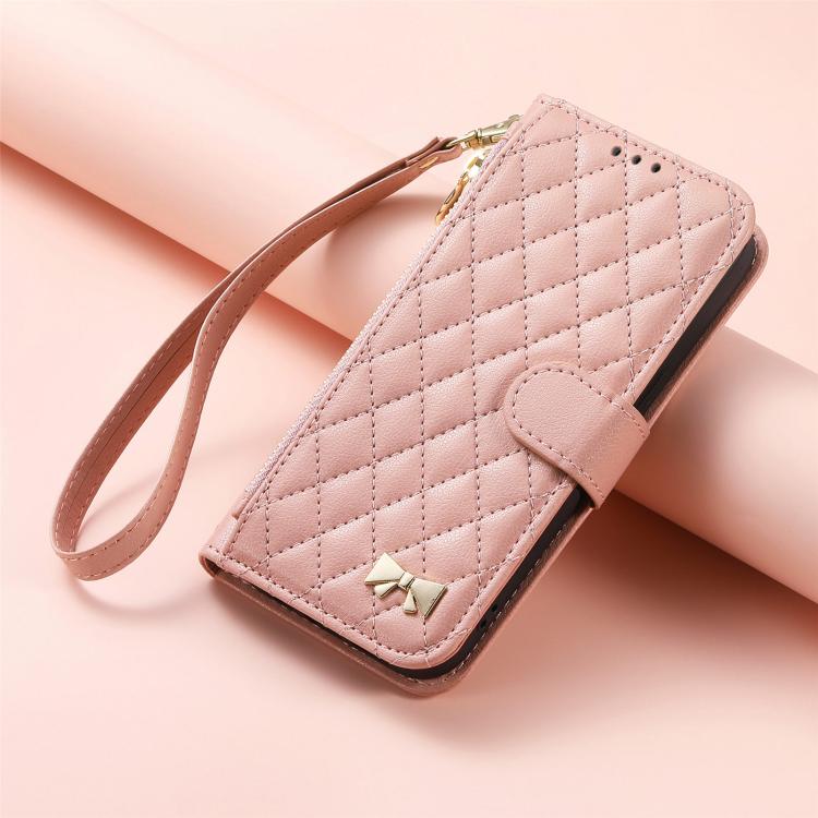 For iPhone 17 Pro Rhombic Texture Zipper Wallet Metal Bow-knot Vegan Leather Phone Case with Strap