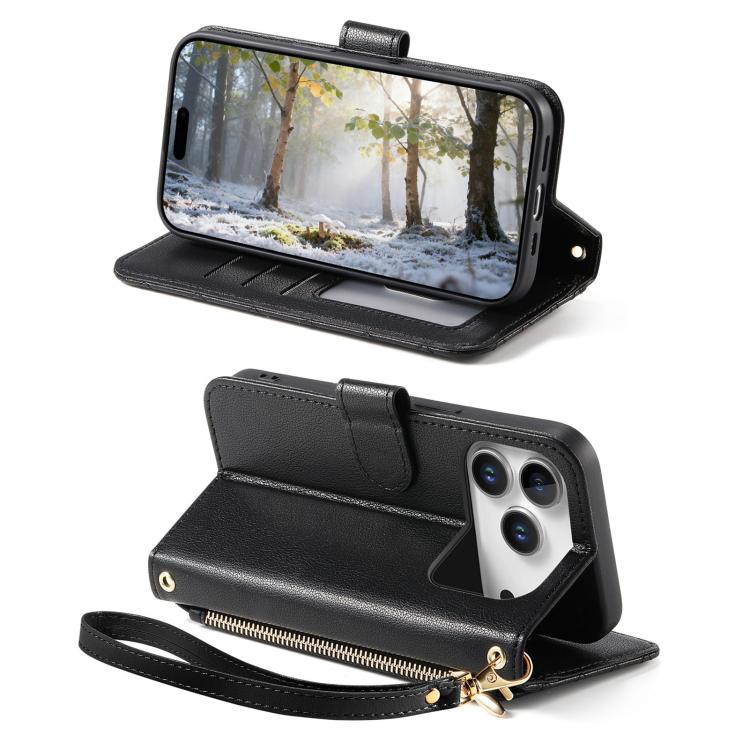 For iPhone 17 Pro Rhombic Texture Zipper Wallet Metal Bow-knot Vegan Leather Phone Case with Strap