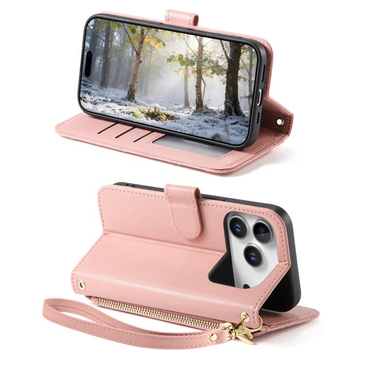For iPhone 17 Pro Max Rhombic Texture Zipper Wallet Metal Bow-knot Vegan Leather Phone Case with Strap