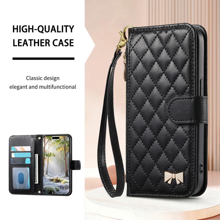 For iPhone 17 Pro Max Rhombic Texture Zipper Wallet Metal Bow-knot Vegan Leather Phone Case with Strap