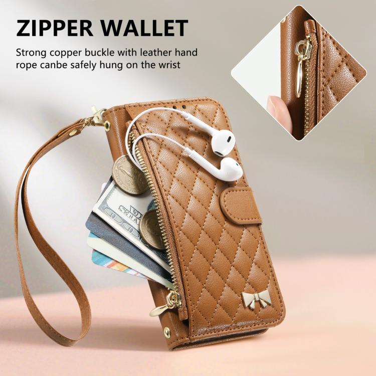 For iPhone Air Rhombic Texture Zipper Wallet Metal Bow-knot Vegan Leather Phone Case with Strap