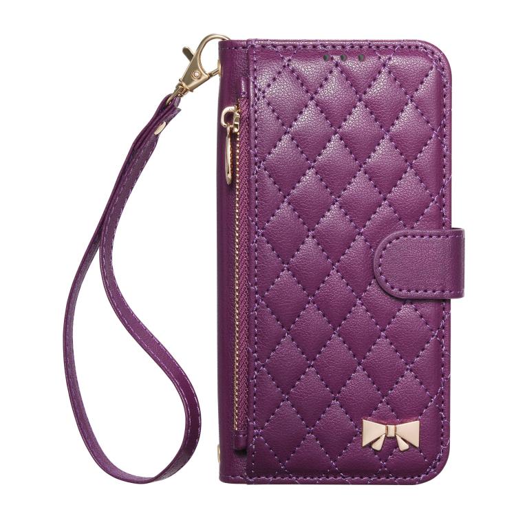 For iPhone Air Rhombic Texture Zipper Wallet Metal Bow-knot Vegan Leather Phone Case with Strap