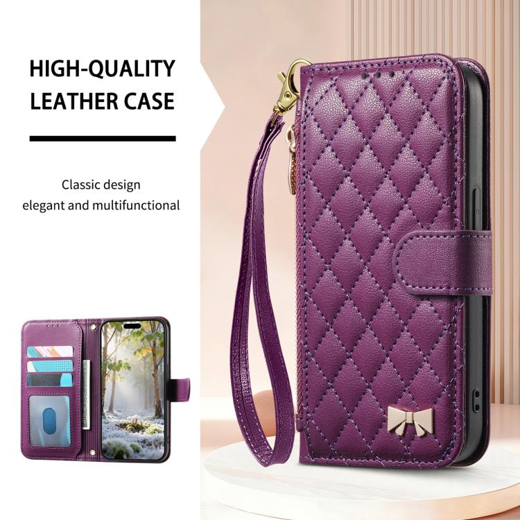 For iPhone Air Rhombic Texture Zipper Wallet Metal Bow-knot Vegan Leather Phone Case with Strap