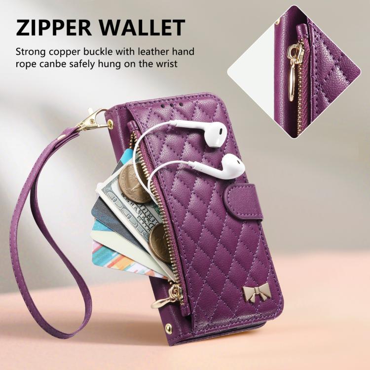 For iPhone Air Rhombic Texture Zipper Wallet Metal Bow-knot Vegan Leather Phone Case with Strap