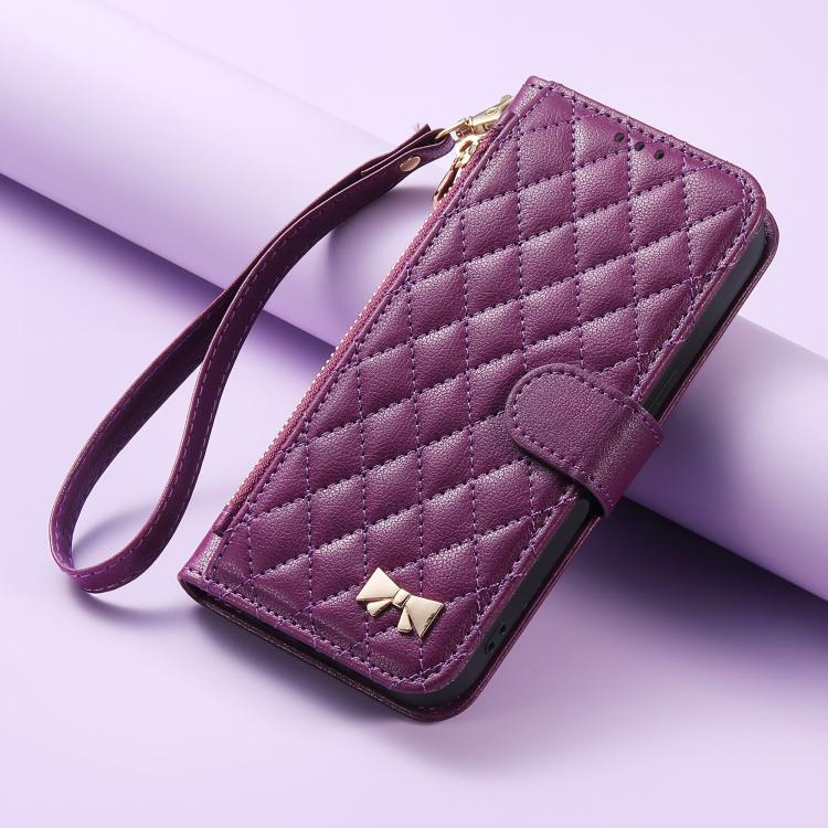 For iPhone Air Rhombic Texture Zipper Wallet Metal Bow-knot Vegan Leather Phone Case with Strap