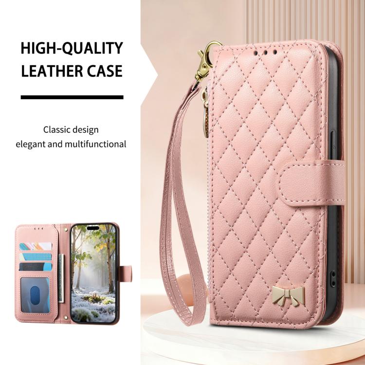 For iPhone Air Rhombic Texture Zipper Wallet Metal Bow-knot Vegan Leather Phone Case with Strap
