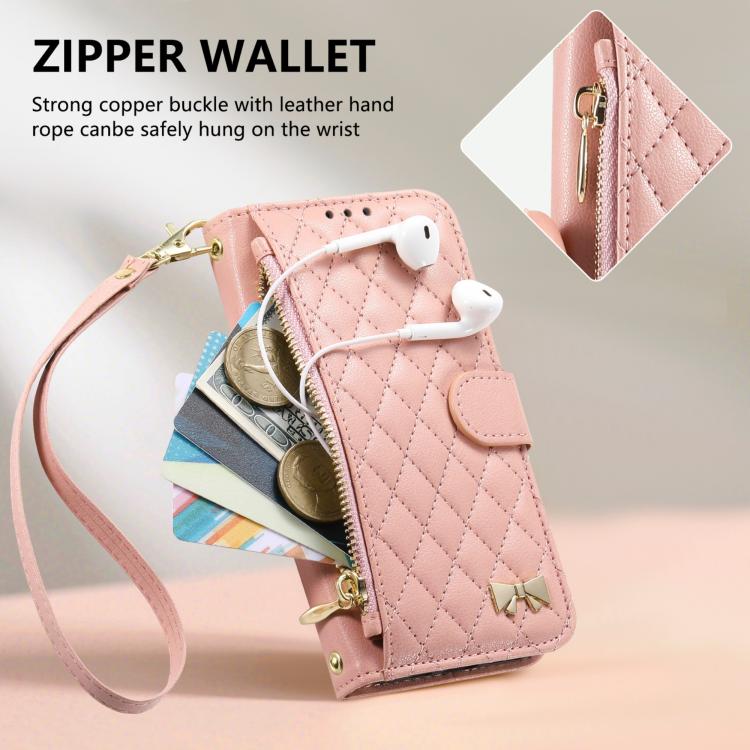 For iPhone Air Rhombic Texture Zipper Wallet Metal Bow-knot Vegan Leather Phone Case with Strap