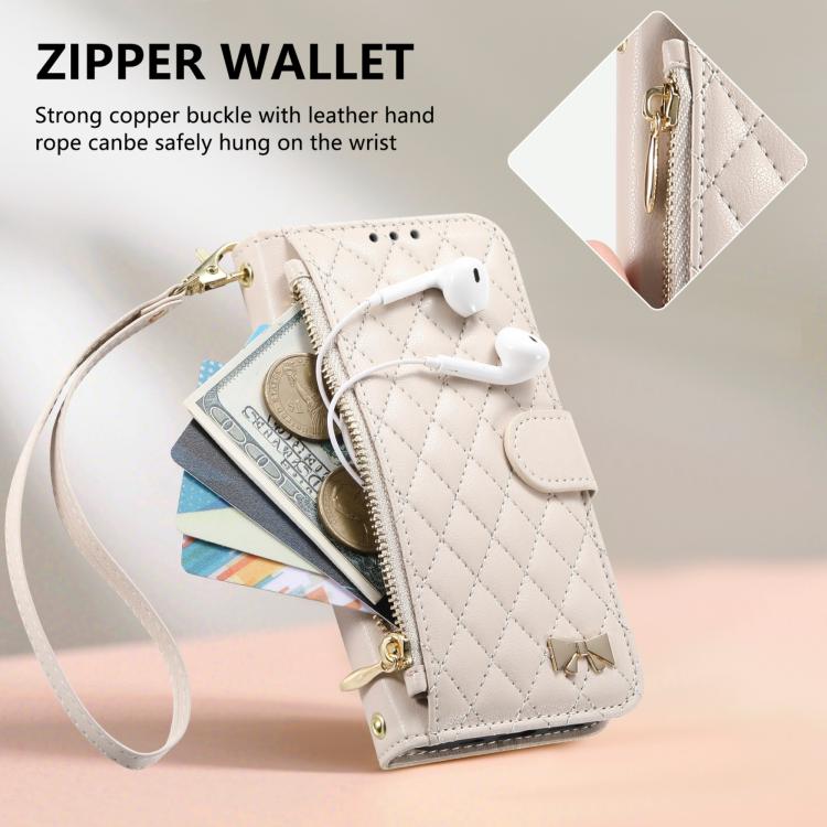 For iPhone Air Rhombic Texture Zipper Wallet Metal Bow-knot Vegan Leather Phone Case with Strap