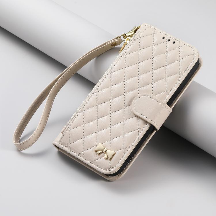 For iPhone Air Rhombic Texture Zipper Wallet Metal Bow-knot Vegan Leather Phone Case with Strap