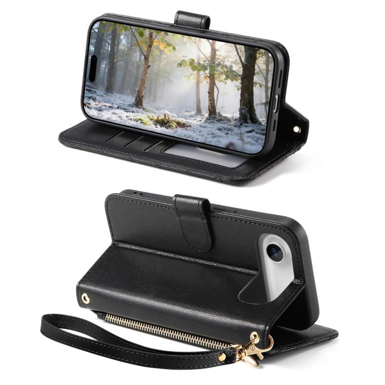 For iPhone Air Rhombic Texture Zipper Wallet Metal Bow-knot Vegan Leather Phone Case with Strap